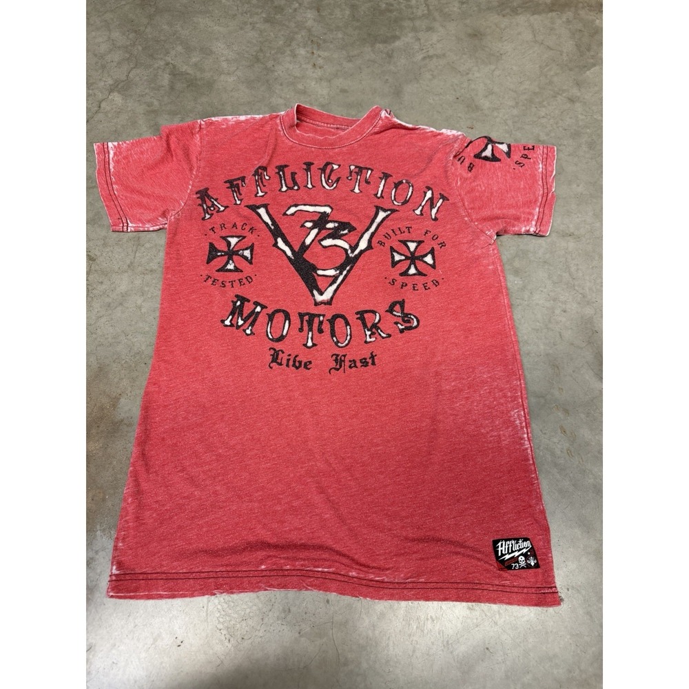 Affliction Motors Live Fast 13 Graphic T Shirt Red Distressed Biker Moto A52002